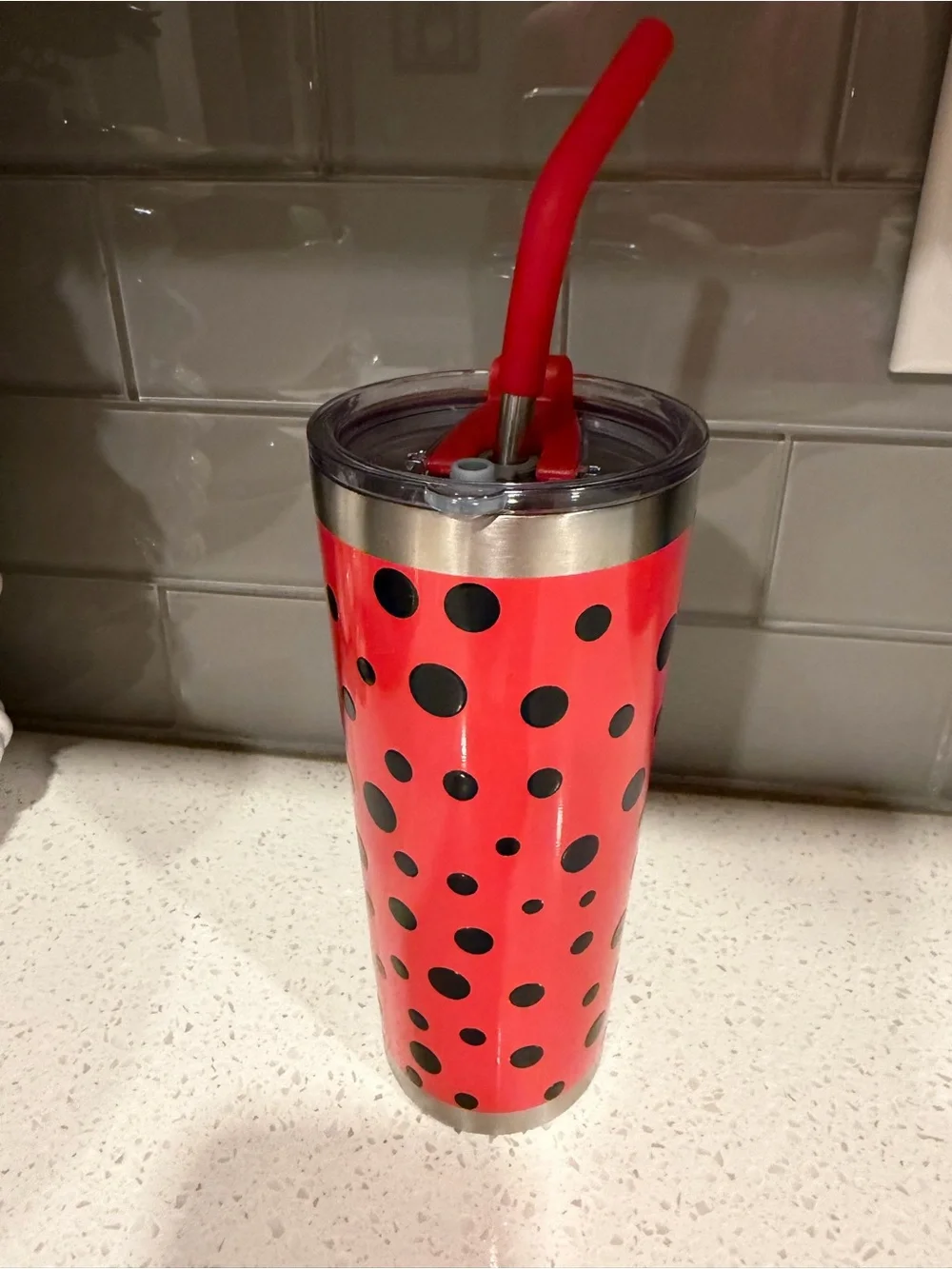 Cracker Barrel Don't Bug Me! Red Polka Dot Tumbler with Straw 22Oz.